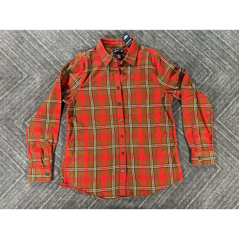 Lands End Women’s Flannel Button Down Red & Brown Plaid Shirt Size 10 NWT